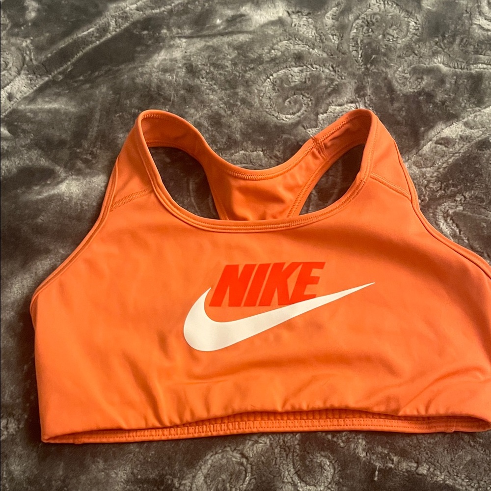 Nike Women's Orange Racerback Swim Sports Bra with White Swoosh